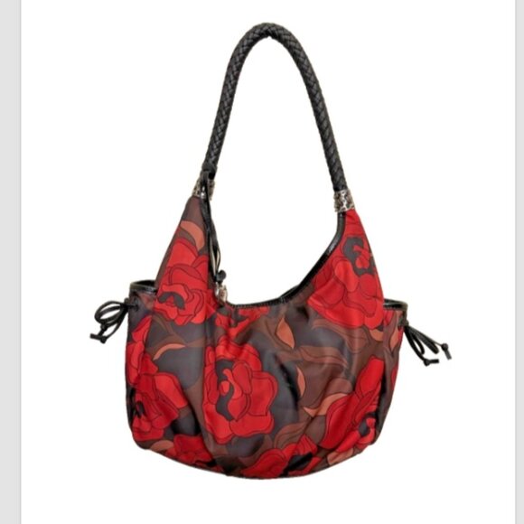 Brighton Jillian Rose Print Nylon Fabric Leather Hobo Bag Red Black - Picture 1 of 16